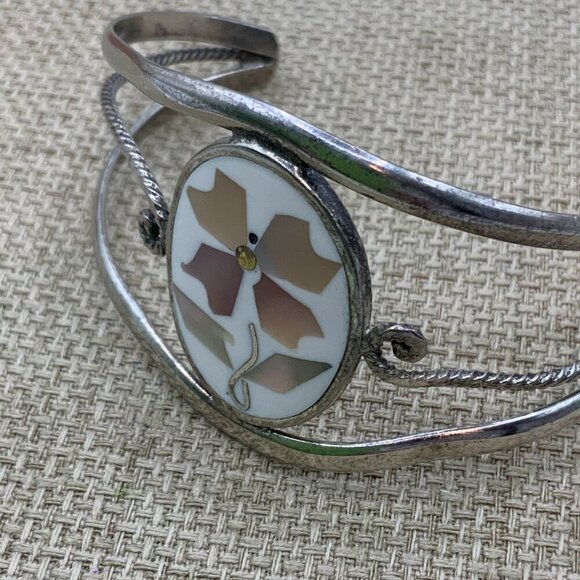 Alpaca Mexico Silver Abalone Flower Inlay Cuff Bracelet - Picture 4 of 9